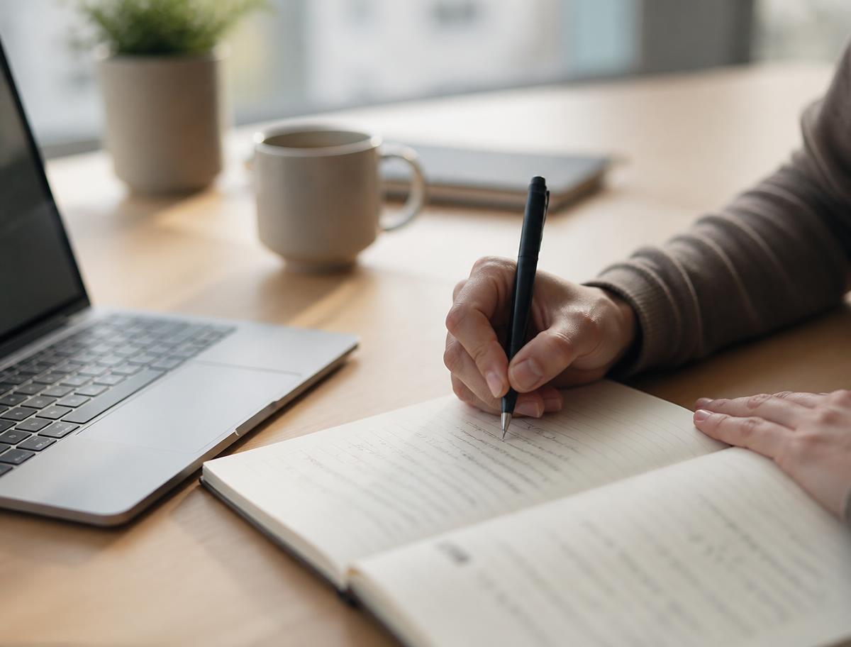 A participant writing reflections in a notebook beside a laptop