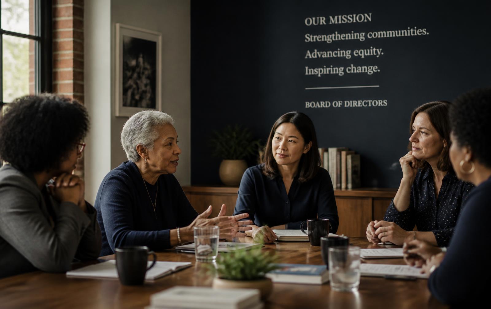 Board members of a nonprofit organization in conversation around a table