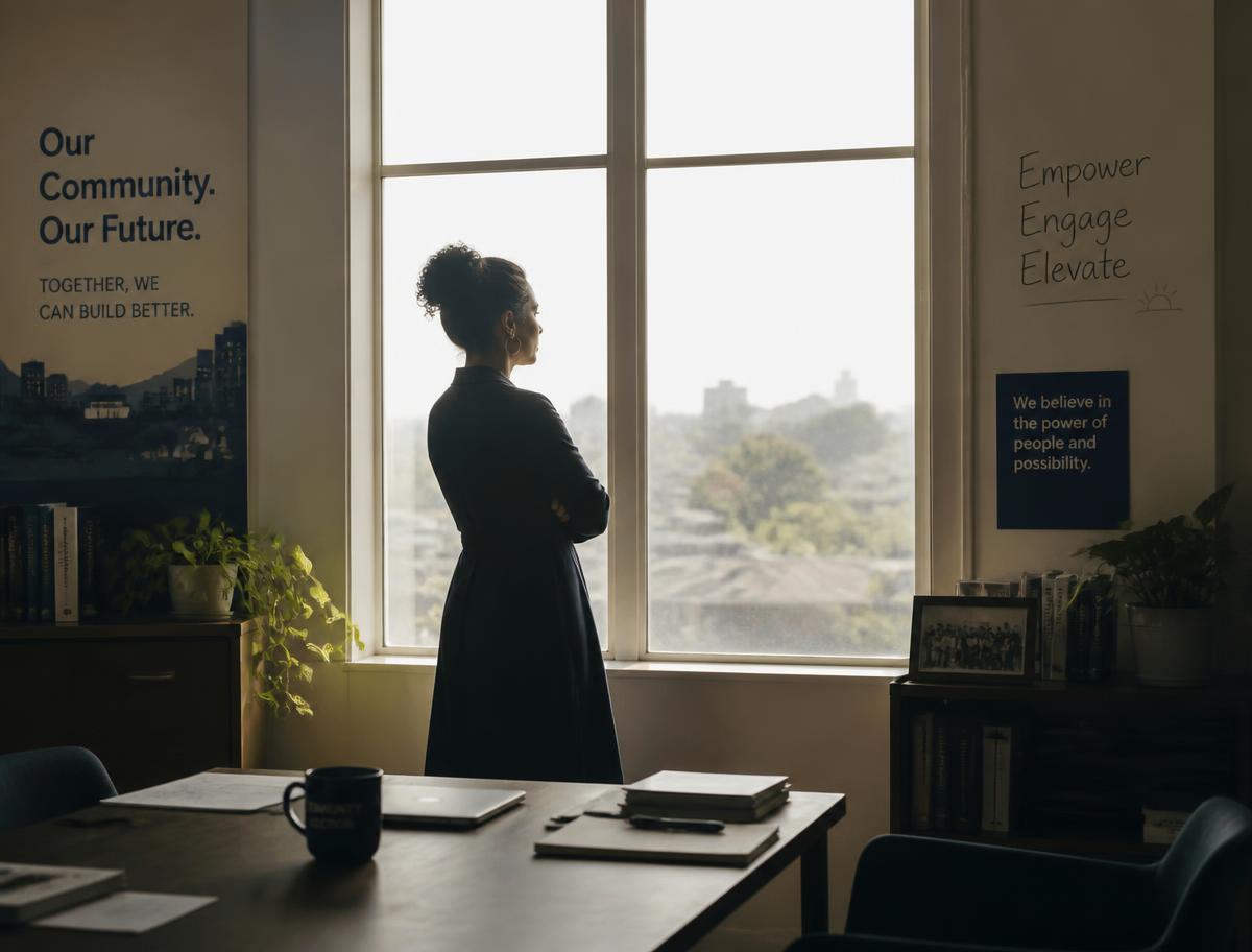 A nonprofit leader looking out an office window in a moment of reflection